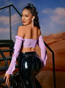 SHEIN SXY Off Shoulder Ruffle Trim Asymmetrical Hem Crop Mesh Top - Mauve Purple - View 2