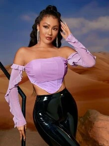 SHEIN SXY Off Shoulder Ruffle Trim Asymmetrical Hem Crop Mesh Top - Mauve Purple - View 4