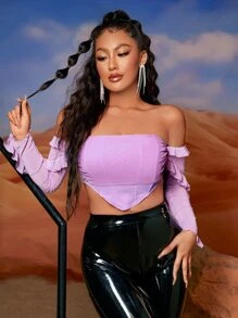 SHEIN SXY Off Shoulder Ruffle Trim Asymmetrical Hem Crop Mesh Top - Mauve Purple - View 5