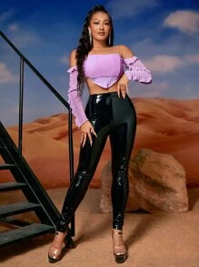 SHEIN SXY Off Shoulder Ruffle Trim Asymmetrical Hem Crop Mesh Top - Mauve Purple - View 6