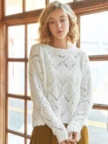 Knit Mix Áo len chui đầu dáng rộng cổ tròn khoét cổ cho nữ (Hoa văn ngẫu nhiên) - trắng - Xem 6