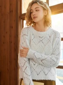 Knit Mix Áo len chui đầu dáng rộng cổ tròn khoét cổ cho nữ (Hoa văn ngẫu nhiên) - trắng - Xem 7