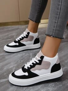 Colorblock Lace-up Front High Top Skate Shoes, High-top Black & White Color-blocked Women's Athletic Sneakers - Black and White - View 5