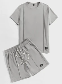 Manfinity VCAY Men Patched Detail Tee & Drawstring Waist Shorts - Grey - View 1