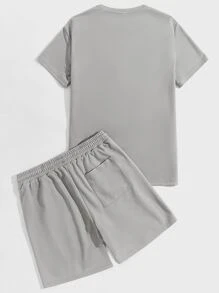 Manfinity VCAY Men Patched Detail Tee & Drawstring Waist Shorts - Grey - View 2
