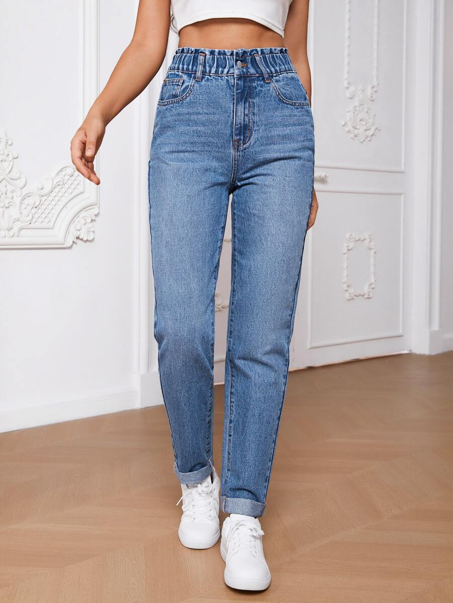 SHEIN Tall Quần jean nữ Nút Túi Dây kéo Quần paper-bag màu trơn - Rửa trung bình - Xem 1