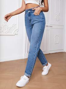 SHEIN Tall Quần jean nữ Nút Túi Dây kéo Quần paper-bag màu trơn - Rửa trung bình - Xem 3