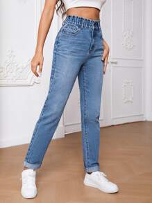SHEIN Tall Quần jean nữ Nút Túi Dây kéo Quần paper-bag màu trơn - Rửa trung bình - Xem 5