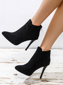 Preto Elegante Sólido Clássico Camurça Botas Com Dedo Pontudo , Estilete Salto E Zíper Traseiro