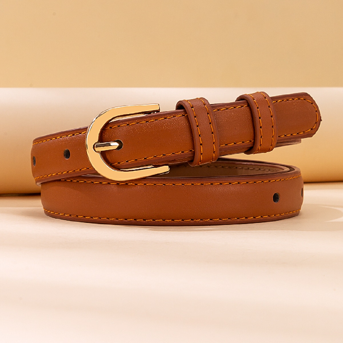 Stitch Detail Buckle Belt With Hole Punch Summer, School Fall, Autumn, Halloween