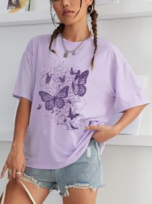 INAWLY 蝴蝶印花落肩 T 恤 图案 T 恤 女式上衣 - 紫丁香色 - 查看 3