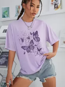 INAWLY 蝴蝶印花落肩 T 恤 图案 T 恤 女式上衣 - 紫丁香色 - 查看 4