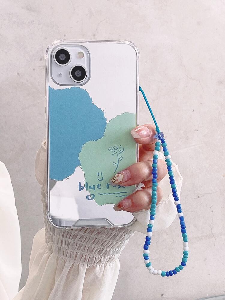 Color Block Mirror Phone Case With Beaded Lanyard