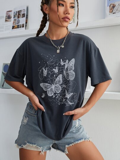 INAWLY Butterfly Print Drop Shoulder Tee Graphic Tees Women Tops