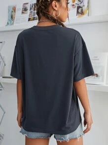 INAWLY 蝴蝶印花落肩 T 恤 图案 T 恤 女式上衣 - 深灰色 - 查看 2