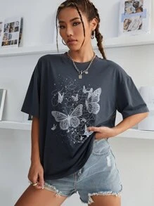 INAWLY 蝴蝶印花落肩 T 恤 图案 T 恤 女式上衣 - 深灰色 - 查看 4