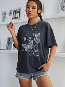 INAWLY 蝴蝶印花落肩 T 恤 图案 T 恤 女式上衣 - 深灰色 - 查看 5