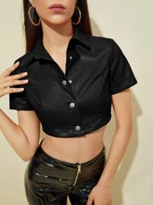 SHEIN ICON Crop PU Leather Shirt - Black - View 1