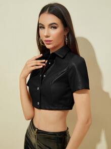 SHEIN ICON Crop PU Leather Shirt - Black - View 4