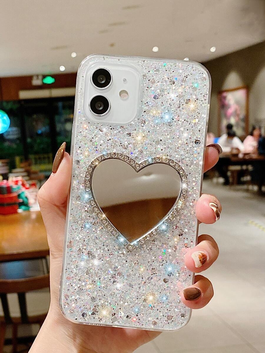 心形水钻闪粉镜面手机壳，兼容 16 15 14 13 12 11 X/XS XS Max 7P/8 7s，防震保护套，防水防摔防刮花 - 彩色 - 查看 1