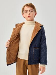 SHEIN 男孩補丁貼口袋毛絨內襯連帽幾何格紋絎縫外套