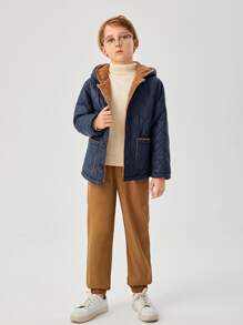 SHEIN 男孩補丁貼口袋毛絨內襯連帽幾何格紋絎縫外套