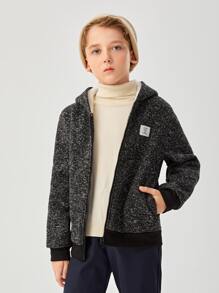 SHEIN 男孩字母貼布毛絨內襯連帽夾克 - 深灰色 - 查看 3