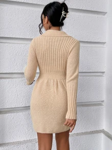 SHEIN ChicEase Solid Collared Ribbed Knit Sweater Dress - Apricot - View 2