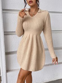 SHEIN ChicEase Solid Collared Ribbed Knit Sweater Dress - Apricot - View 3
