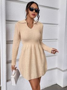SHEIN ChicEase Solid Collared Ribbed Knit Sweater Dress - Apricot - View 4