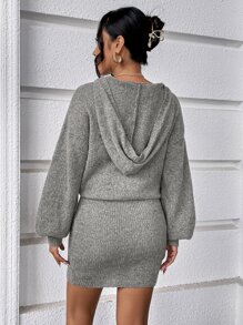 Drop Shoulder Hooded Jumper Dress - Grey - View 2