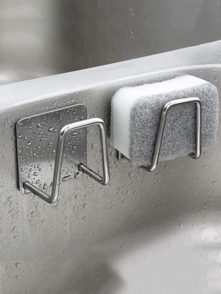 1 pieza Soporte para esponja sin taladro, estante para esponja de montaje en pared, rejilla de drenaje de acero inoxidable para fregadero - Plateado - Ver 1