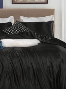 3pcs Satin Duvet Cover Set, Imitation Bedding Set, Solid Color Quilt Cover Set (1pc Duvet Cover And 2pcs Pillowcases) - Black - View 4
