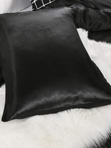 3pcs Satin Duvet Cover Set, Imitation Bedding Set, Solid Color Quilt Cover Set (1pc Duvet Cover And 2pcs Pillowcases) - Black - View 2