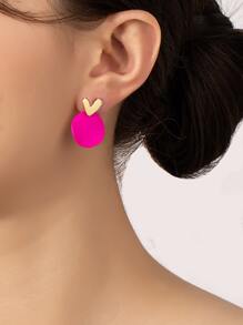 1 Pair Geometric Hot Pink, Black, Purple Circle And Golden Heart Stud Earrings, Cute Style Jewelry Gift For Women - Multicolor - View 1