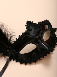 Sexy 1pc Women's Creative Personalized Lace Trim Black Faux Pearl Necklace Feather Fox Face Mask Suitable For Party, Festival Wearing Halloween - Black - View 3