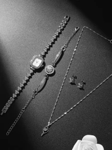 5件时尚百搭钻石嵌带时尚个性方形简约女士手表镶钻手链项链耳钉组合套装，珠宝礼品套装，作为学生返校礼物 - 銀色 - 查看 4