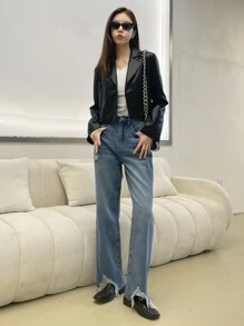 DAZY Lapel Neck PU Crop Jacket - Black - View 4