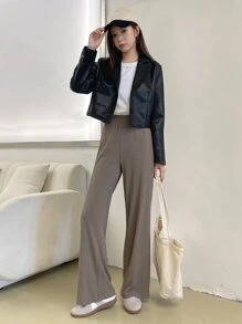 DAZY Lapel Neck PU Crop Jacket - Black - View 9