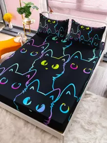 Set sábana bajera sin relleno con patrón de gato - Multicolor - Ver 3