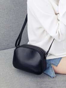 Litchi Embossed Multi Zipper Square Bag - Black - View 1