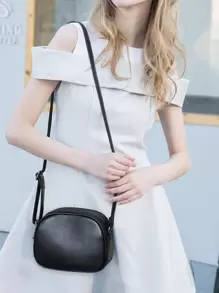 Litchi Embossed Multi Zipper Square Bag - Black - View 2