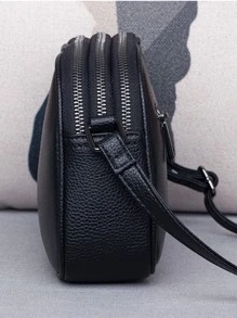 Litchi Embossed Multi Zipper Square Bag - Black - View 4