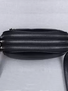 Litchi Embossed Multi Zipper Square Bag - Black - View 5