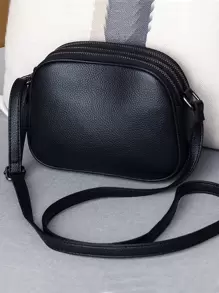 Litchi Embossed Multi Zipper Square Bag - Black - View 6