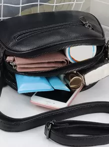 Litchi Embossed Multi Zipper Square Bag - Black - View 8