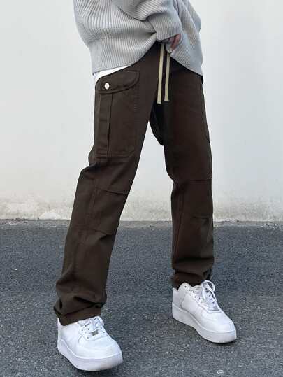 Men Flap Pocket Side Drawstring Waist Pants