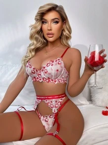 5pack Floral Embroidered Mesh Underwire Garter Lingerie Set Bridallingerie - Red - View 3