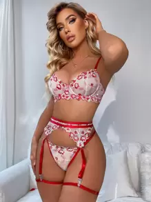 5pack Floral Embroidered Mesh Underwire Garter Lingerie Set Bridallingerie - Red - View 5