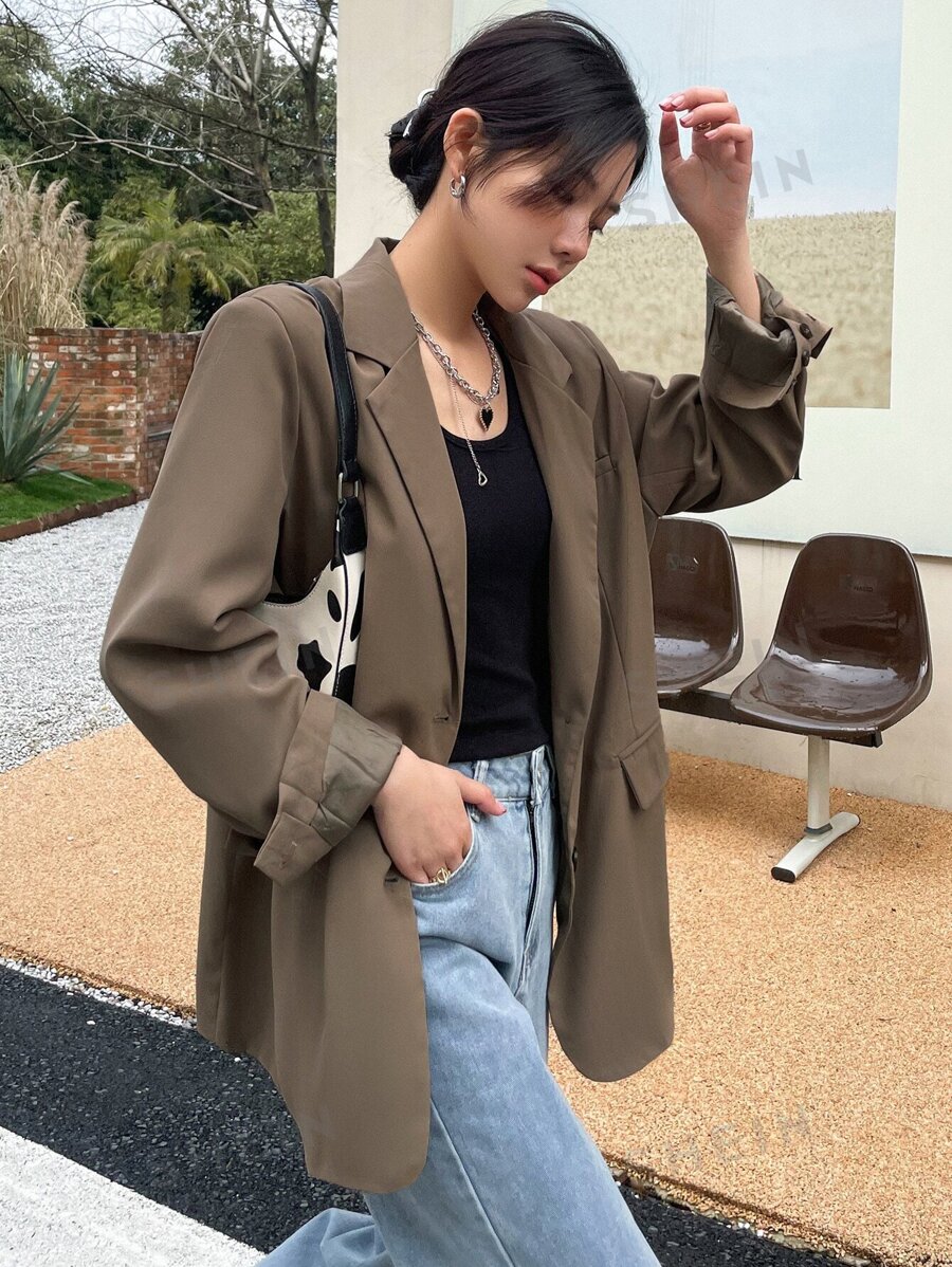 DAZY Sacou cu detaliu de clapă și rever, haine de toamnă, ținute business - Moca Brown - Vizualizare 1